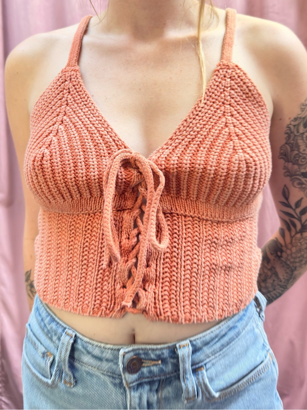 American Eagle Crochet Corset Lace Up Crop Top Coral S